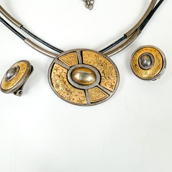 Chico's Celestial Tribal Oval Pendant Leather Cords Necklace & Earrings Set - Picture 2 of 4